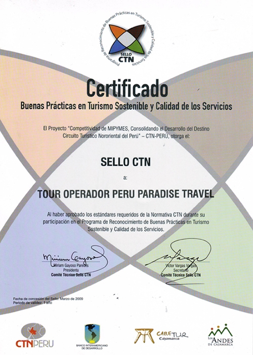 certificato CTN Peru Paradise Travel